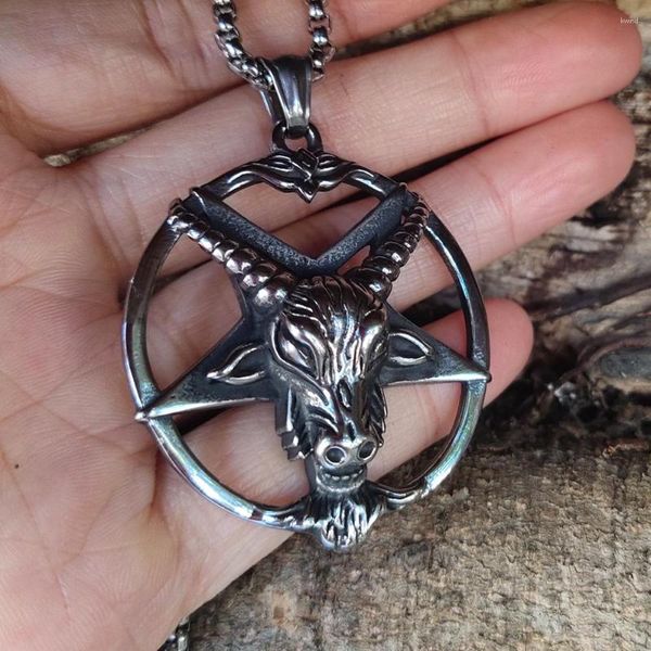 Colares de pingente vintage aço inoxidável satanás colar punk motociclista homens pentagrama crânio cabeça de ovelha corrente jóias goth acessórios