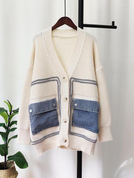 Maglieria da donna Getsrping Cardigan in maglione di jeans lavorato a maglia da donna per patchwork a maniche lunghe Cappotto oversize invernale Dropship all'ingrosso