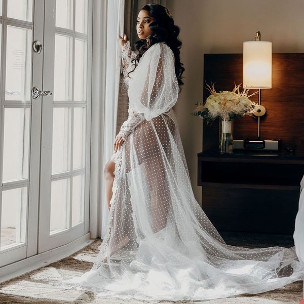 Abito da sposa Illusione bianca per abiti da sposa in pizzo con applicazioni in tulle a maniche lunghe in gravidanza Kimono a pois da donna Accappatoio da notte