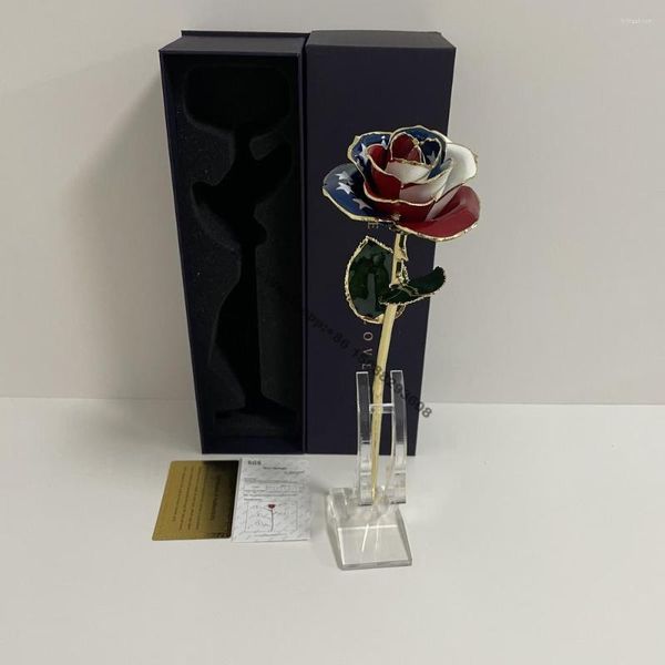 Flores decorativas 24k ouro mergulhado rosa na caixa de presente da marinha padrão da bandeira dos eua para sempre amor para o amante aniversário presentes de natal dela