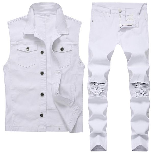 Abito bianco a due pezzi da uomo Tute moda Slim Risvolto sfilacciato Gilet di jeans Pantaloni skinny strappati Primavera Estate Autunno Uomo Jea322f