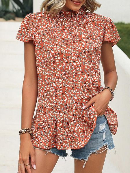 Женские блузки летний цветочный принт для женщин 2023 модная стойка с коротким рукавом с коротким рукавом Boho Beach Casual Top Plus Элегантная шифоновая рубашка