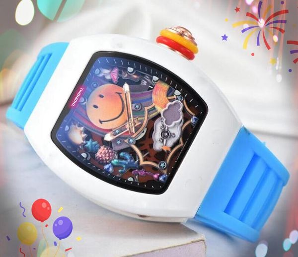 Lächelnde Gesichtsform ICE Out Hip Hop Herren Stoppuhr Uhren Bunte Gummigürtel Quarzwerk Uhr Superhelle Blumen Skelett Zifferblatt Uhr Orologio Di Lusso Geschenke