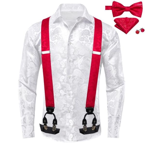 Camisas de vestido masculinas Hi-Tie White Silk Mens com chaves Bowtie Hanky Cufflinks Suspender Manga Longa Camisa Jacquard Masculino Casamento Negócios Prom
