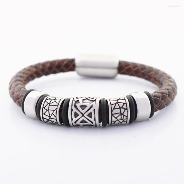 Braccialetti con ciondoli Bracciale in vera pelle intrecciata da 8 mm per uomo Non sbiadisce mai Ciondoli in acciaio inossidabile Foro grande Perlina vichinga con chiusura magnetica