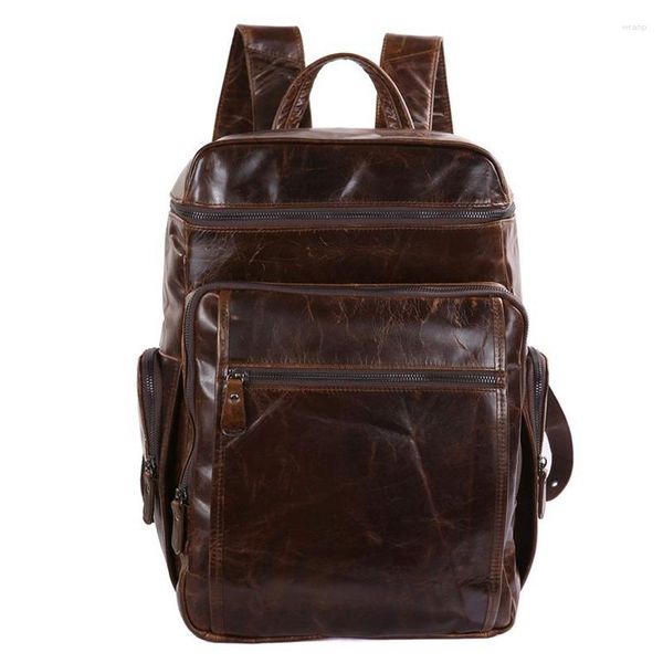 Sırt çantası retro orijinal deri erkekler 15.6 inç dizüstü bilgisayar büyük kapasiteli çanta okul gün çantası erkek gerçek inek seyahat büyük sırt çantaları