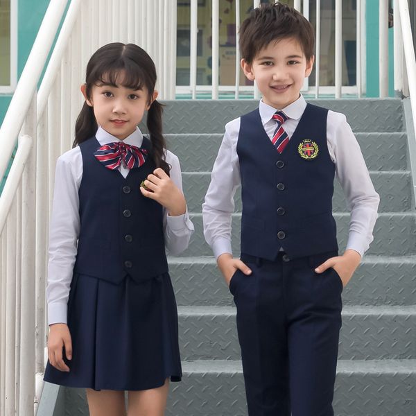 Ocasiões especiais Kid Coreano Japonês Uniforme Escolar para Menino Menina Camisa Branca Marinha Saia Calças Colete Colete Gravata Roupas Conjunto de Roupa de Estudante Terno 230825