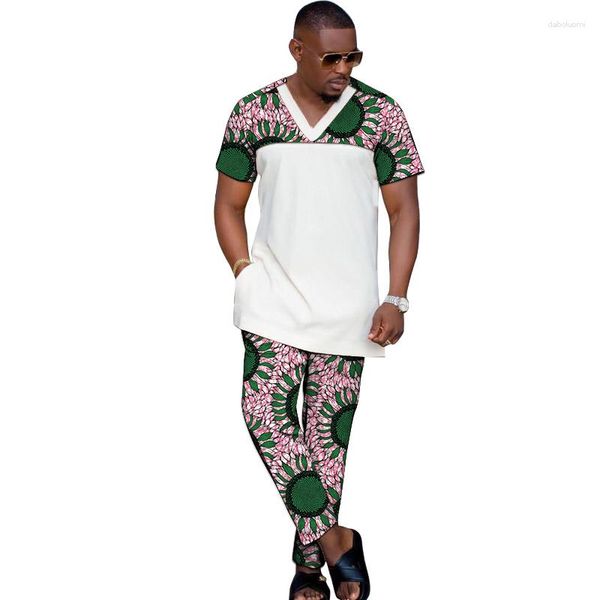 Tute da uomo Top patchwork Scollo a V Camicia maschile Set di pantaloni Maniche corte Abito da sposo africano Abbigliamento da occasione
