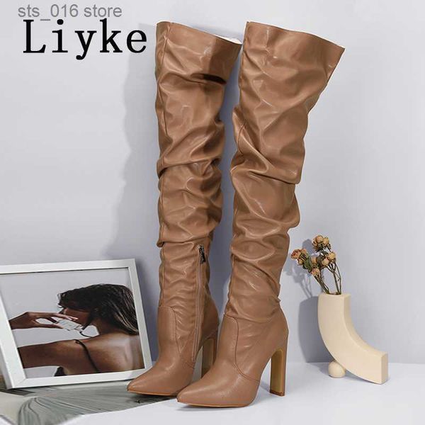 Botas Liyke Design de moda plissado couro sobre o joelho botas sexy apontou toe zip branco salto alto outono inverno mulheres sapatos t230824