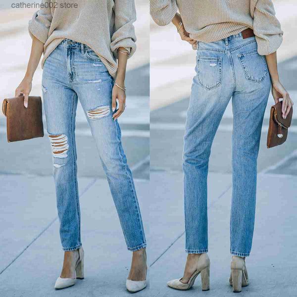 Jeans femininos recém-lavados jeans rasgados para mulheres na moda cintura alta mães adequadas para jeans casuais de algodão com buracos t230826