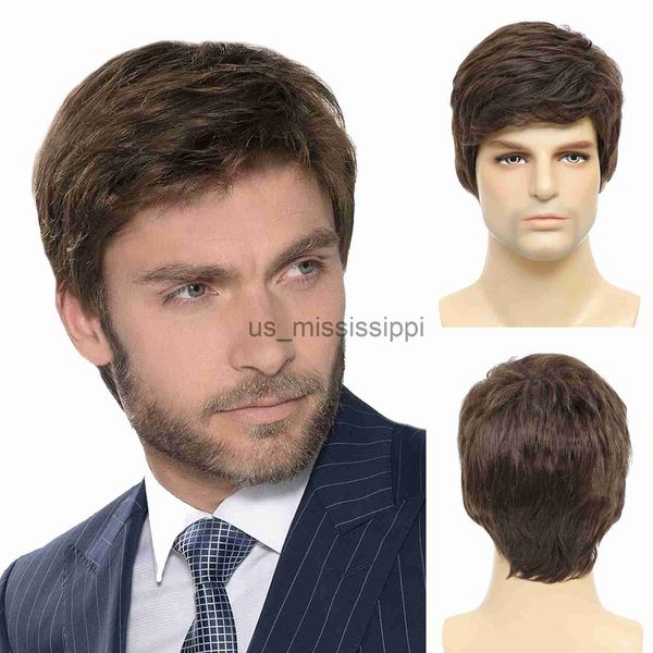 Parrucche sintetiche BCHR Parrucche da uomo Corte Parrucca marrone da uomo a strati Capelli naturali Costume Halloween Parrucche sintetiche resistenti al calore per uomo Maschio x0826