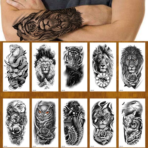 Tatuagens temporárias 100 pcs atacado tatuagem adesivo leão tigre lobo cobra flor preto corpo braço falso manga impermeável homem mulheres 230825