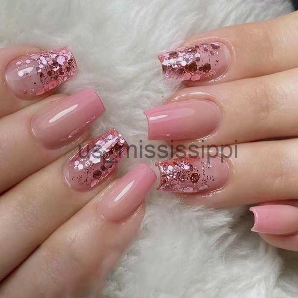 Unghie finte 24 pezzi Paillettes glitter rosa Unghie finte Ballerina quadrata Unghie finte Adesivi artistici Copertura completa Stampa staccabile sulle unghie Punte in gel x0826