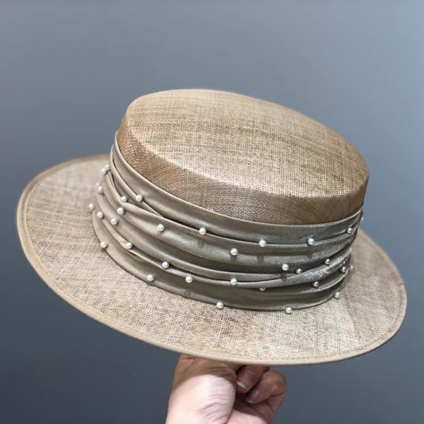 Ampla borda chapéus balde chapéu elegante linho casamento mulheres marrom verão pérola boné senhoras formal fedora boné 230825