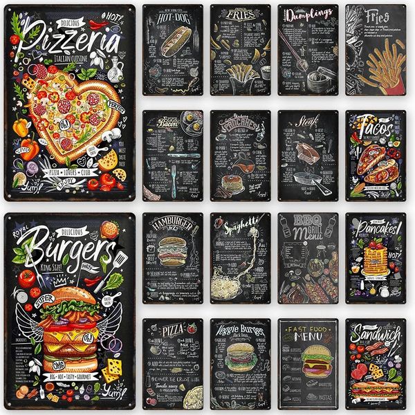 Pizza Burger Poster in metallo vintage Pane patatine fritte Targa in metallo retrò Ristorante Decorazione artistica Targa per la casa Negozio di alimentari Decorazione murale Estetica Pittura in ferro 30X20 CM w01