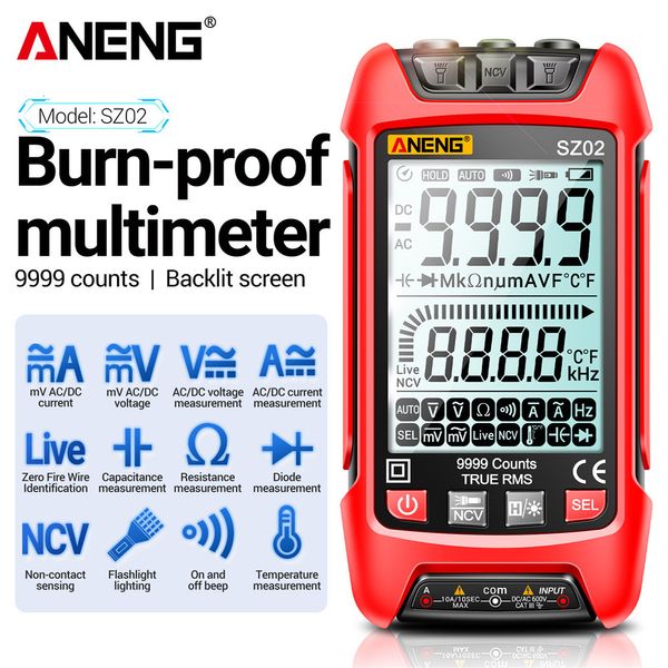 Multimetri ANENG SZ02 Multimetro digitale intelligente 9999 conteggi True RMS Misuratore di capacità elettrica automatica Tester di transistor di resistenza termica 230825