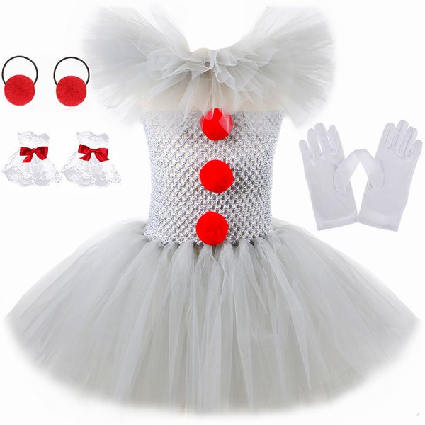 Cosplay Halloween Pennywise Traje para Crianças Assustador Palhaço Carnaval Roupas Cinza Crianças Meninas Fantasia Tulle Tutu Dress Set 230825