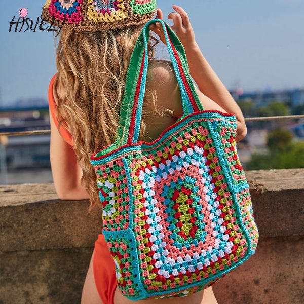 Sacos de noite Bohemian Crochet Mulheres Bolsas de Ombro Tricô Grande Capacidade Sacola Casual Senhora Bolsas Grande Shopper Bolsas Verão Beach Bags 230825