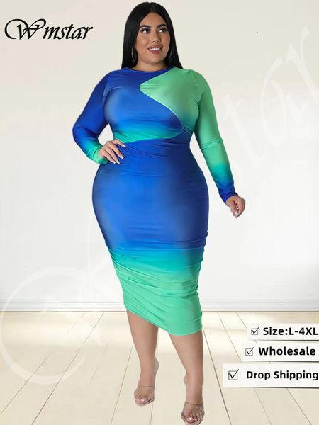 Plus Größe Kleider Wmstar Größe Frauen Kleidung Bodycon Strech Langarm Pachwork Casual Mode Maxi Kleid Großhandel Drop 230826