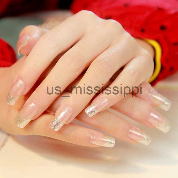 Unhas Falsas Shimmer Pure Silver Glitter French Nails Clear Spirit Flat Médio Acrílico Press On Nails Full Wraps Incluindo Adesivo de Cola X0826