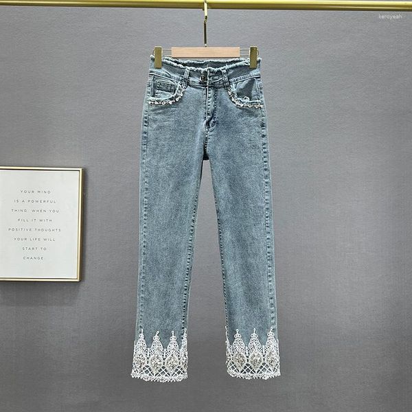Kadınlar Kot kırpılmış 2023 bahar elastik jean yüksek bel ince düz bacak pantolon kızlar dantel elmas mavi denim