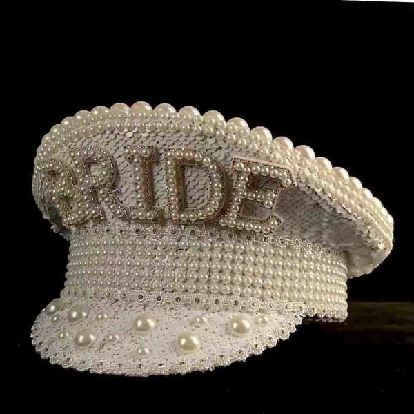 Berets 3Size Mulheres Lantejoulas Queimando Chapéu Militar de Luxo Handmade Capitão Branco Sargento Pérola Noiva Festival Parte 230825