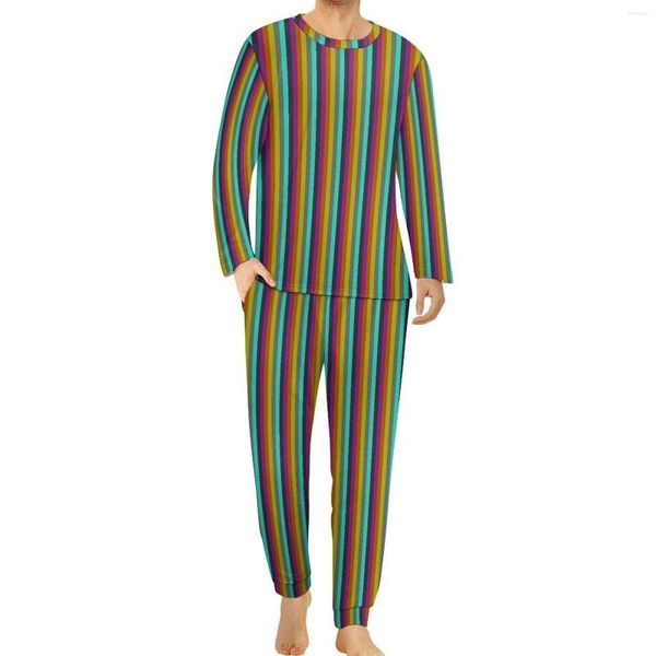 Pijamas masculinos arco-íris listrado pijamas homens impressão colorida na moda inverno manga longa 2 peças quarto personalizado pijama conjuntos tamanho grande