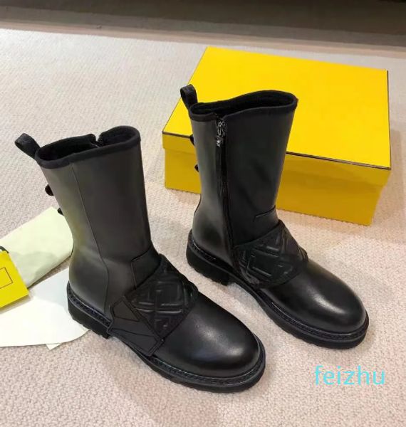 Moto Biker Flats Meia Tornozelo Botas Mid-Bezerro Couro Preto Zíper Lateral Dedo Do Pé Arredondado Bota Alta para Mulheres Sapatos de Designer de Luxo Calçados de Fábrica