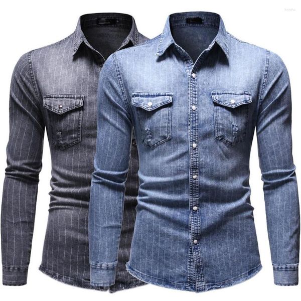 T-shirt da uomo Bulk Camicia di jeans abbottonata con pannello a righe casual da uomo con tasche Top camicetta a fascia 1