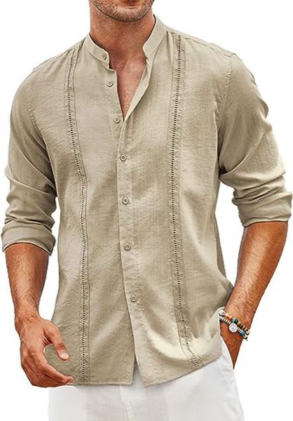 Camicie casual da uomo Guayabera cubana Camicia a maniche lunghe in lino con bottoni Colletto a fascia Top da spiaggia estivo