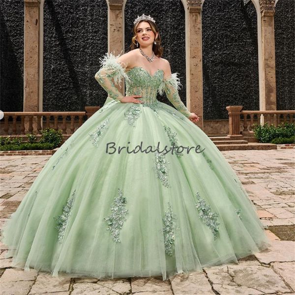 Luxuriöse grüne Blumen Quinceanera-Kleider 2023 mit Federkorsett, Ballkleid, Prinzessin, süßes 15-Kleid, elegante Geburtstagsparty-Kleider für das 19. Jahrhundert, formelles Kleid