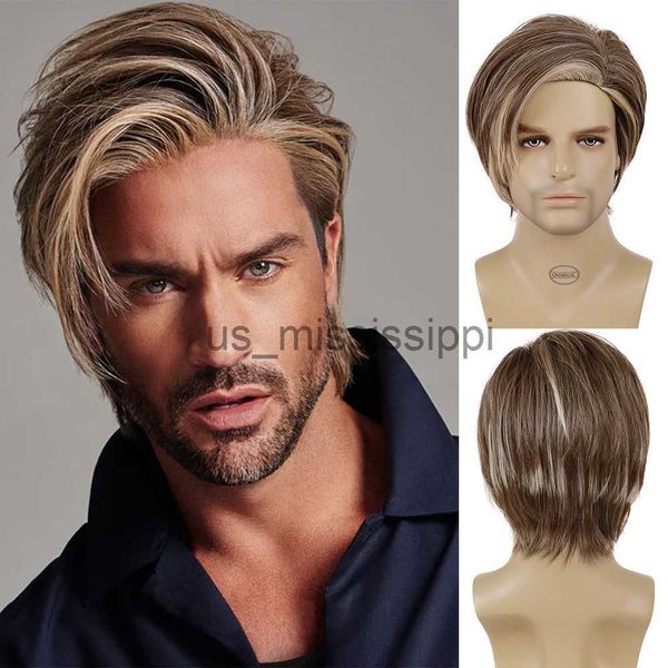 Parrucche sintetiche GNIMEGIL Parrucche sintetiche per capelli cosplay per uomo Acconciature corte Mix Marrone con riflessi Parrucche colorate Parrucche per feste in costume di Halloween x0826