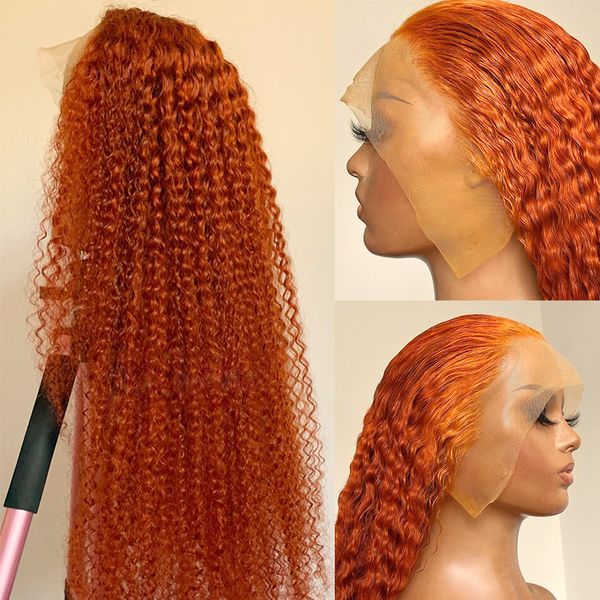 30 Zoll Ingwer Orange 13x4 lockige HD transparente Spitze-Front-Echthaar-Perücke brasilianische tiefe Welle farbige Frontal-Perücken für Frauen