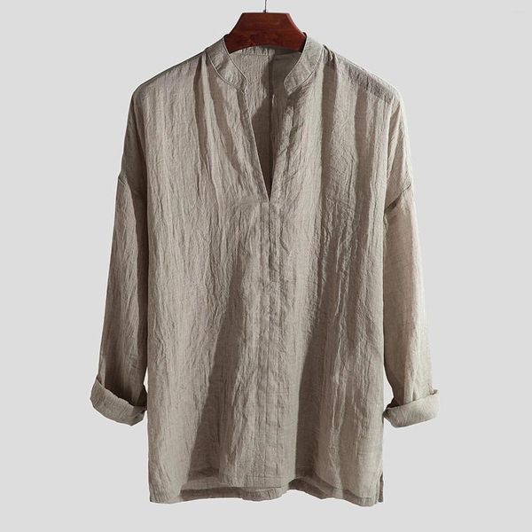 Camiseta masculina casual algodão linho blusa longa topo 2023 manga sólida decote em v fino pullovers soltos camisetas topos tamanho grande