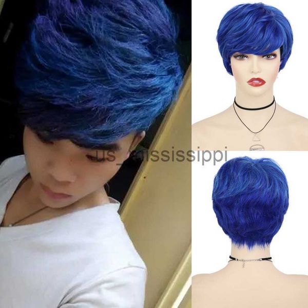 Perucas sintéticas Gnimegil perucas azuis para homens peruca curta de cabelo sintético com franja cosplay penteado traje de halloween para homem moda perucas de corte de cabelo x0826