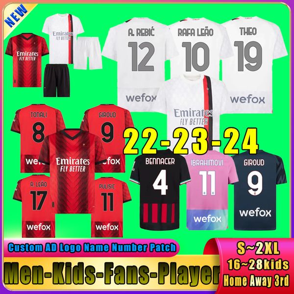 22 23 24 Rafa Leao hayranları oyuncu futbol formaları F.Nmecha Ac Milans Giroud Tonali R.Leao Pulisic Futbol Gömlek Evden uzakta Çocuk Kit Üniformaları Thai