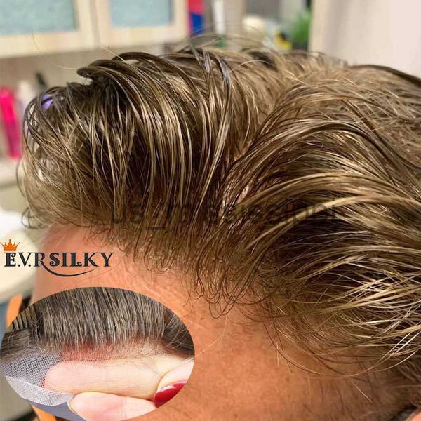 Perucas sintéticas Natural Hairline Cinza Loira Respirável Q6 Virgem Cabelo Humano Homens Toupee LacePU Lace Front Masculino Cabelo Perucas Capilar Prótese X0826