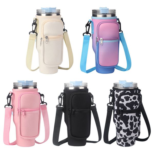 Neoprene 2 em 1 saco de transporte de garrafa de água com bolsa design de vaca 40oz tumblers sacos com alça de armazenamento manga saco de carro titular