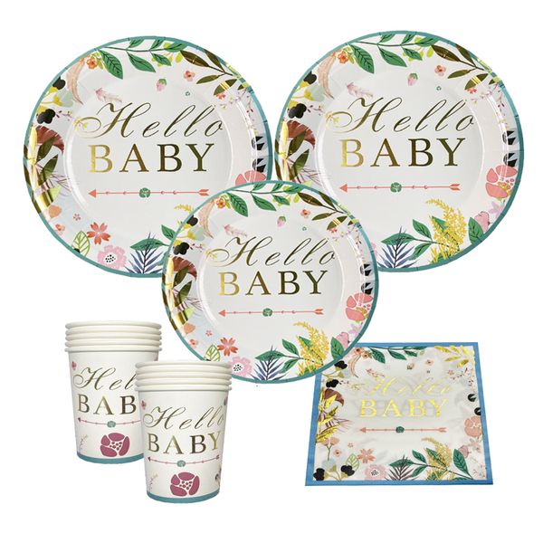 Altre forniture per feste per eventi 8 pezzi Stamping Hello Baby Piatto di carta usa e getta Tovagliolo per bambini Decorazione per doccia di buon compleanno per bambini 230825