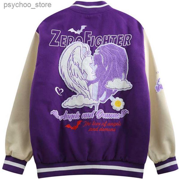 Liebe Stickerei Kontrast Nähte Baseball Uniform Männer Farbe Passende Varsity Jacke Straße Trend Herbst Lose Lila Jacken Q230826