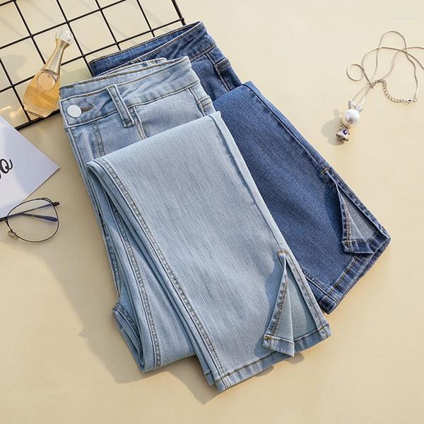 Женские джинсы 2023 Женская мода расщепляется плюс размер высокой талию, джинсовая джинсовая джинсовая джинсовая джинсовая джинсовая джинсовая джинсовая джинсовая джинсовая ткань.