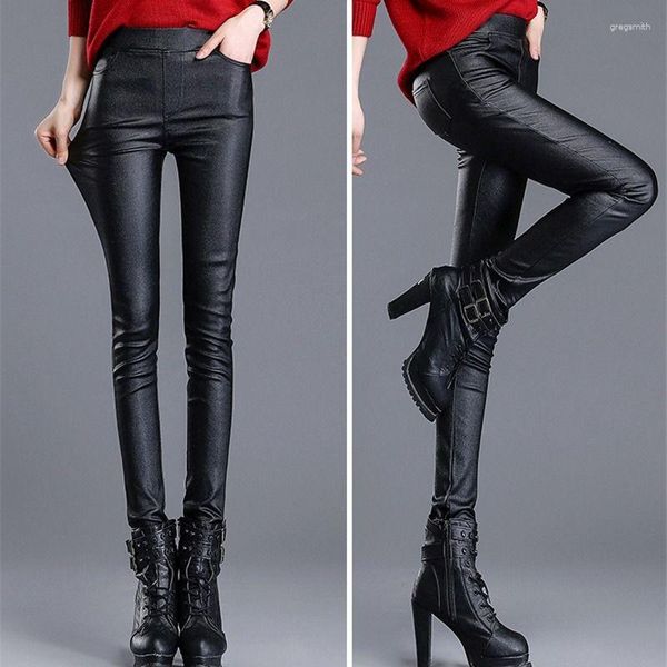 Damenhosen 2023 Mode Frauen Elastische PU-Leder Bleistift Sexy Damen Casual Solide Stretch Hohe Taille Dünne Leggings Weibliche Hose