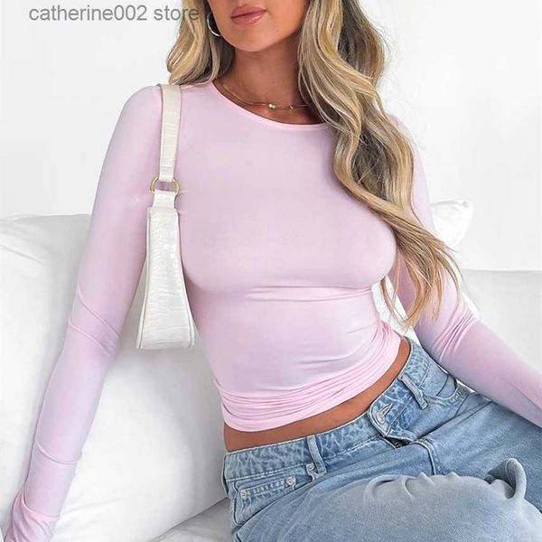 Mulheres T-shirt Hirigin Mulheres Verão Slim Cropped Tops Cor Sólida T-shirt Manga Longa Pescoço Redondo Mostrar Base de Umbigo Tees Tops Blusa Streetwear T230826