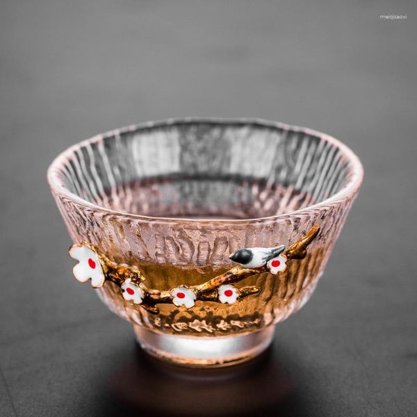 Copos de vinho 1 peça de vidro pequenos copos de chá com decoração de flor de estanho japonês resistente ao calor Kongfu copo de degustação único mestre pessoal