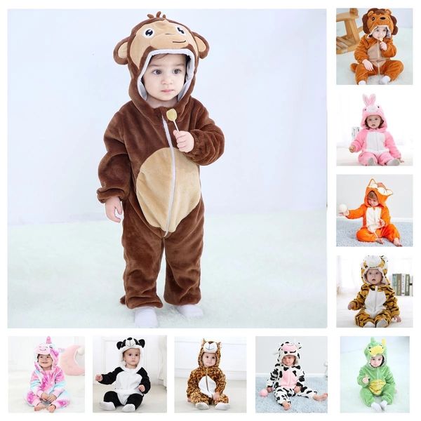 Ромперы милый обезьяна льва животных мультфильм Румпер детская одежда с длинным рукавом девочки, девочки, снимаются в зимние костюмы для детей Kigurumi Jumpsuit 230825