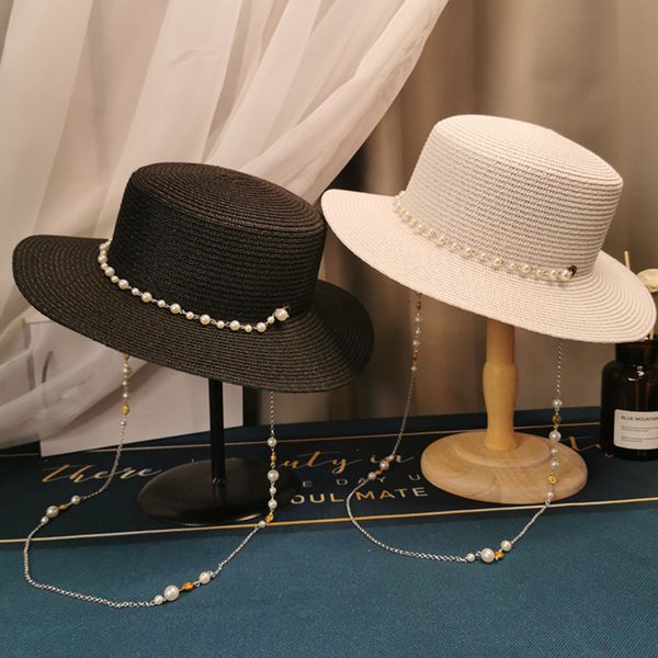 Ampla borda chapéus balde verão elegante pérola corrente plana sol para mulheres chapeau feminino palha chapéu panamá antiuv praia boné menina topee 230825