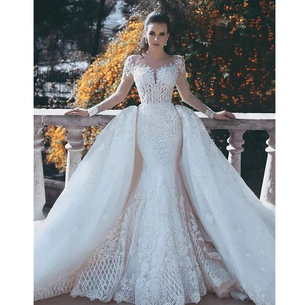 Arabo Plus Size Collo trasparente Maniche lunghe Abito da sposa a sirena Appliques Pizzo Staccabile Stupendi Abiti da sposa Aso Ebi 328 328