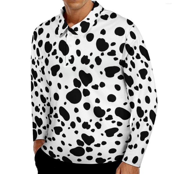 Herren-Poloshirts mit Dalmatiner-Punkten, lässige T-Shirts, niedliches Tier-Print-Poloshirt, männliche Streetwear, Frühling, Langarm, grafische Kleidung, große Größe