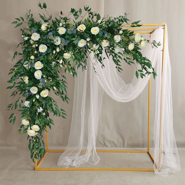 Couronnes de fleurs décoratives Rose blanche camélia fleur d'angle artificielle feuilles de saule vert accrocher rangée toile de fond de mariage décor d'arc fête organiser les accessoires 230825