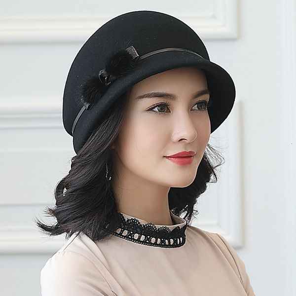 Breite Krempe Hüte Eimer 100 Australien Wollfilz Hut Frauen Herbst Winter Kirche Cloche Elegante Bankett Nerz Pelz Fedora 230825